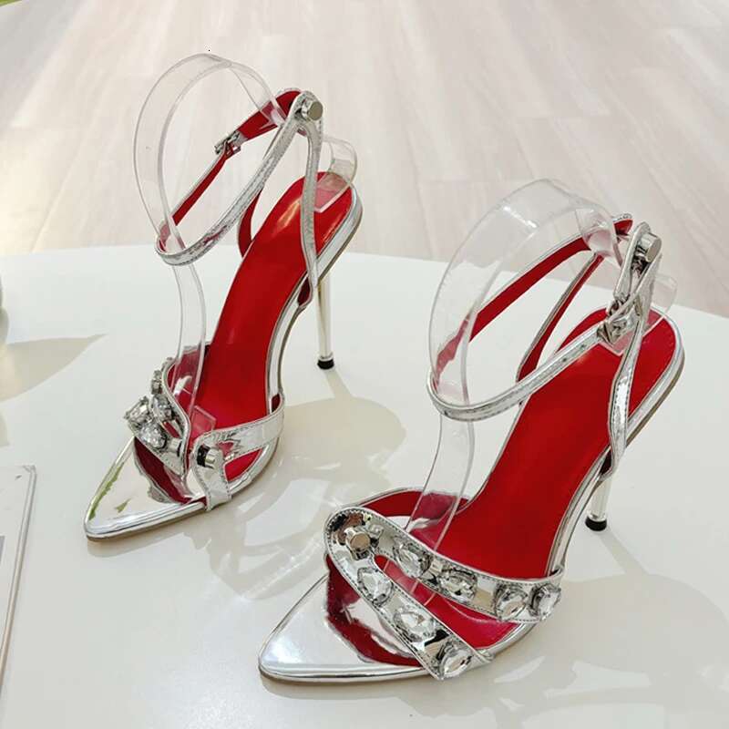 Liyke Summer Fashion Gem Rivet Narrow Band Women's Metal Thih High Heels Sandals Sexy Pointed Open Toe Party Dress Shoes Size 41