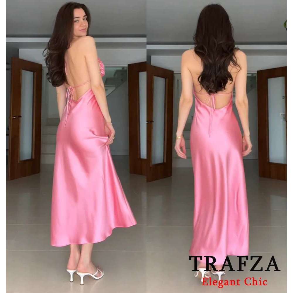 TRAFZA Women Elegant Satin Suspender Pink Backless Slim New 2025 Fashion Summer Holidays Dinner Date Sexy Dress