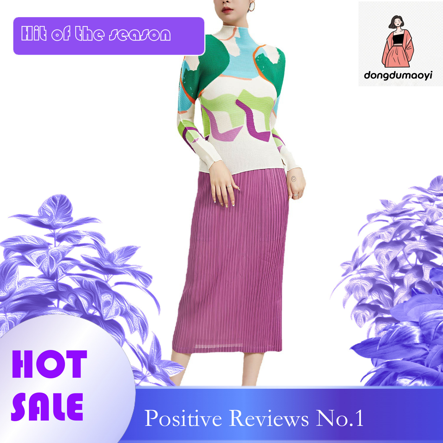 dongdumaoyi Miyake niche chic design long sleeved half neck pleated printed top spring style women's age reducing western-style base small shirt