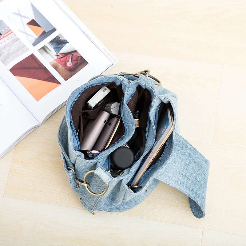 Casual Denim Bucket Bag For Women Shoulder Crossbody Bag Multiple Pockets Ladies Handbag Design Female Big Totes Blue
