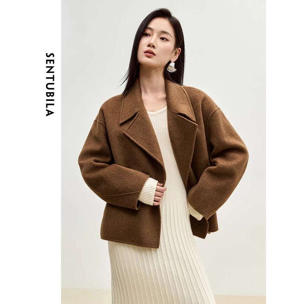 SENTUBILA Winter Short Woolen Jackets Women Outerwear Fashion Notched Collar Double Breasted Loose Coats Female W44O56123