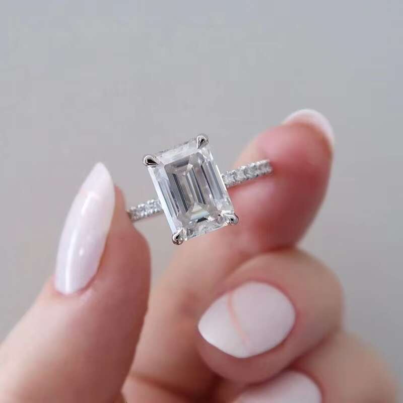Women Engagement Ring Emearld Cut Solitaire DEF VVS Moissanite Ring 14k