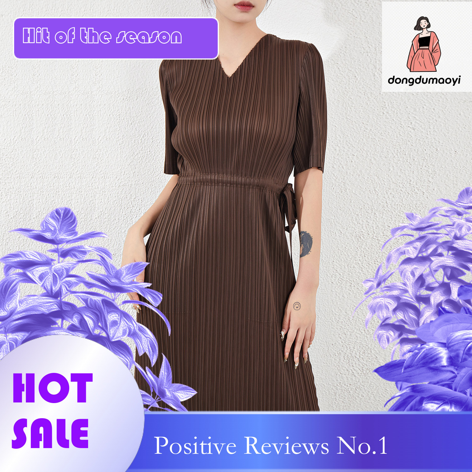 dongdumaoyi Miyake pleated loose slimming temperament short sleeved V neck high end dress long skirt
