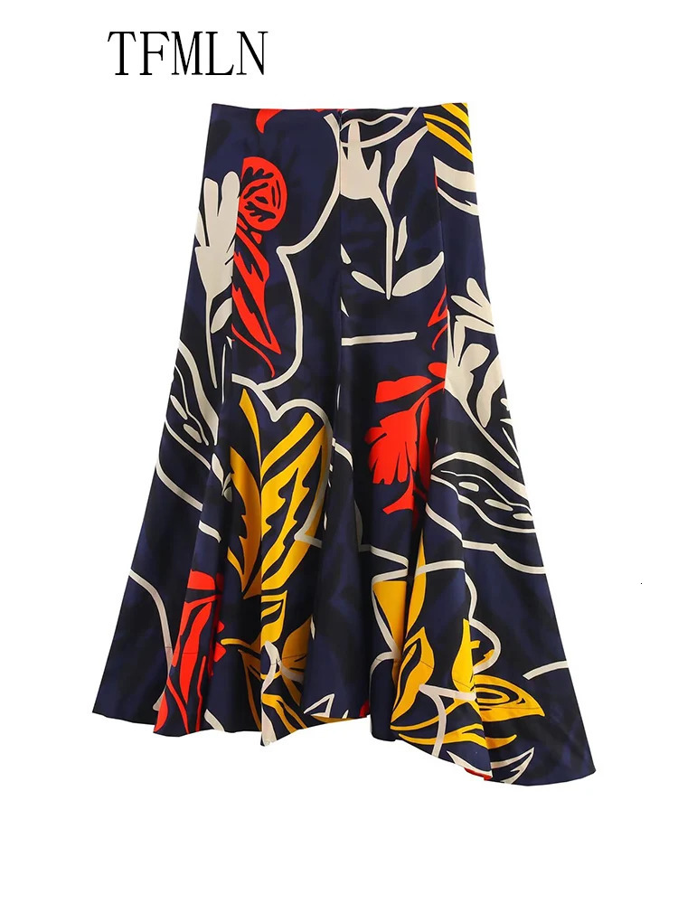 TFMLN Vintage Asymmetric Floral Casual ALine Woman Midi Skirt Fashion Summer Print Elegant Chic Random Cutting Long Skirts 250514