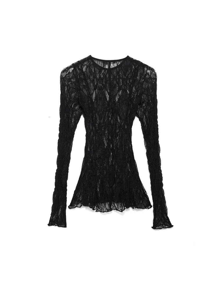 TRZA Womens Sexy Fashion SemiSheer Lace Blouse ONeck Long Sleeve Chic Top Female Shirt 250514