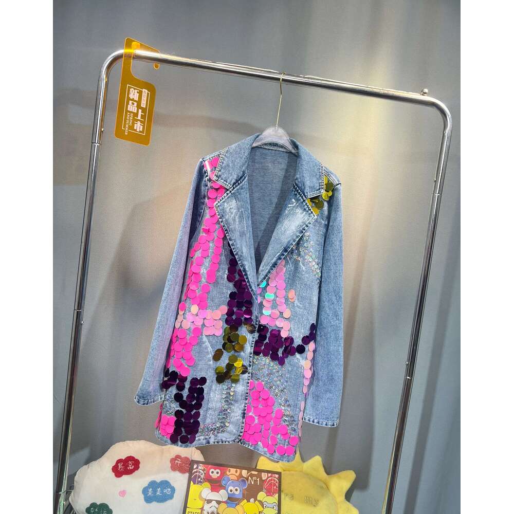 Hand Painted Heavy Sequined Denim Suit Coat Spring Mid Length Blazers Jacket Turn Down Collar Jeans Cardigan Loose Cowboy Tops