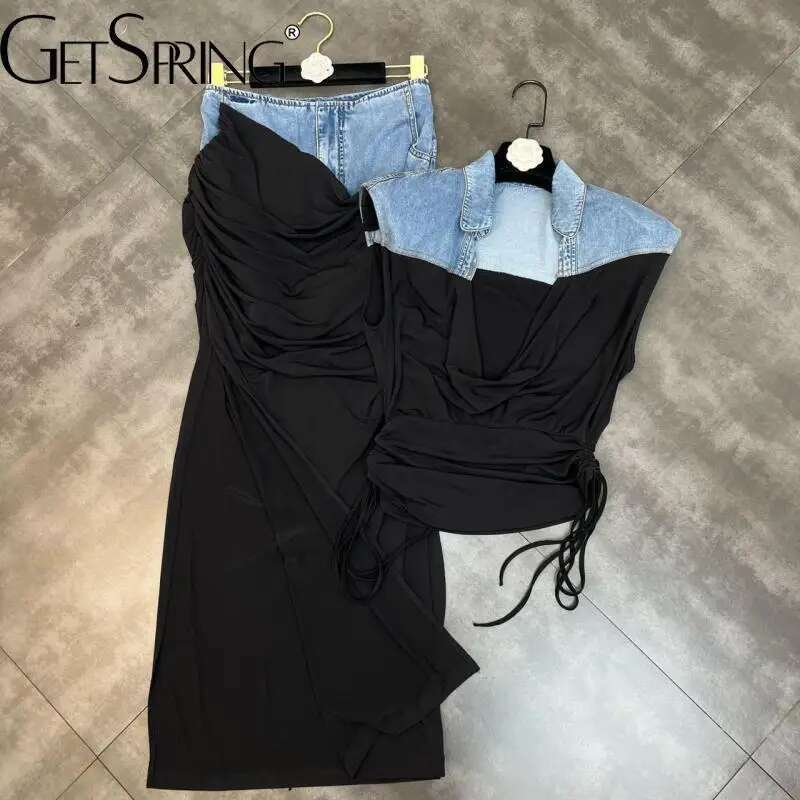 Getspring Women Dresses Deep V Neck Sleeveless Drawstring Denim Ed Vest High Waist Split Long Skirt Two Piece Sets
