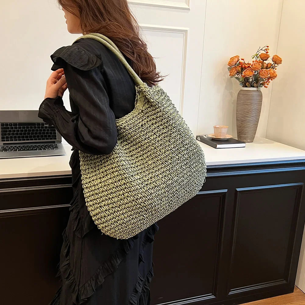 Women Straw Tote Handbag Large Capacity Vintage Shoulder Bag Solid Color Crochet Beach Ladies Summer Daily 250514