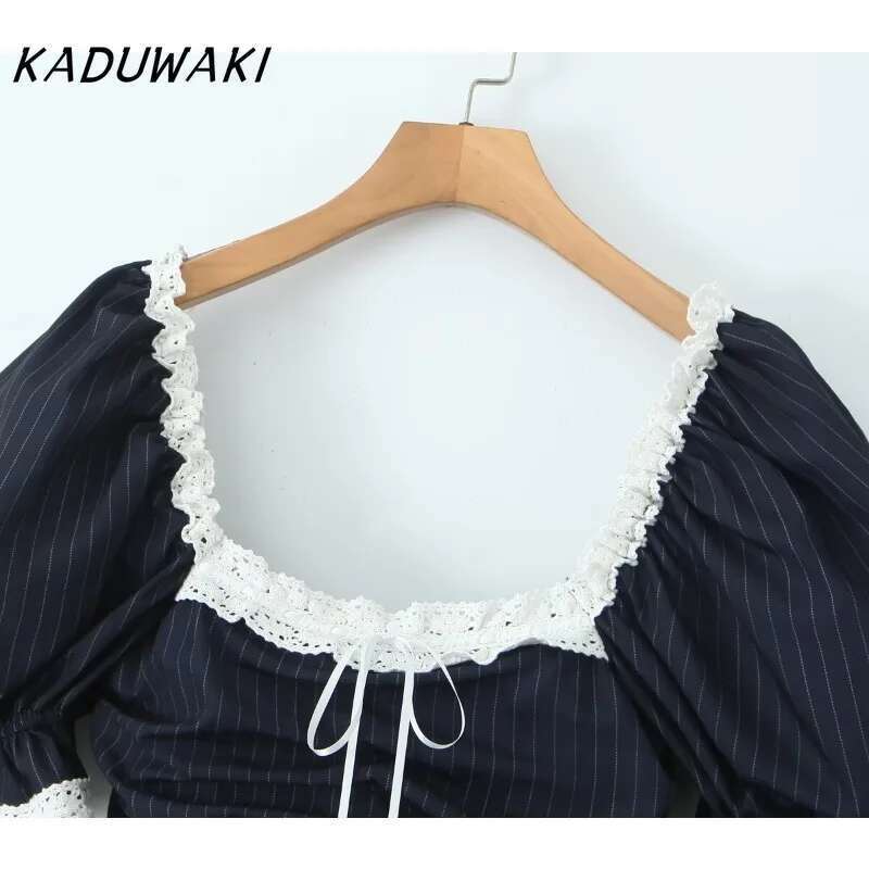 KADUWAKI Navy White Striped Spliced Lace Collar Ball Gown Dress Puff Sleeve Retro Women Ruched Waist Lacing Up Back Cake Dresses