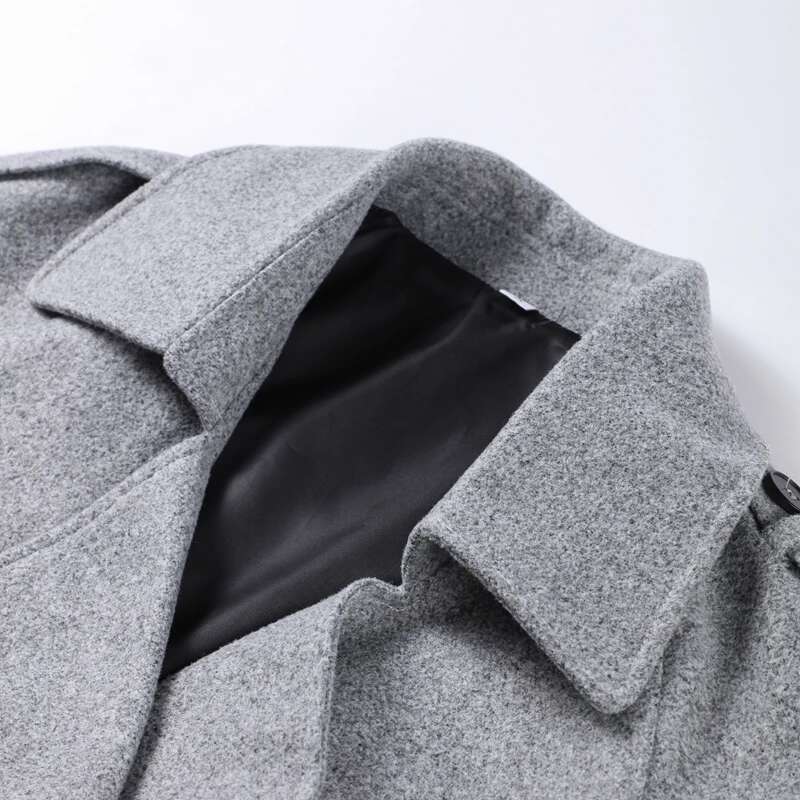 Grey Double Breasted Faux Woolen Coat Women Loose Lapel Long Sleeve Short Jacket Autumn Winter Elegant Casual Outwear