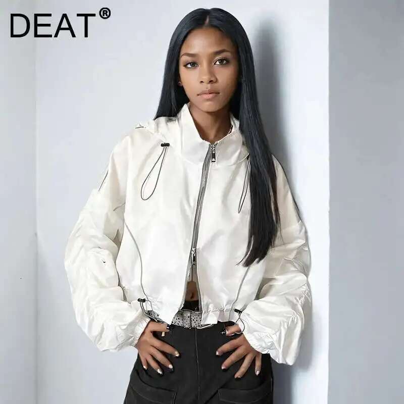 DEAT Fashion Zipper Solid Color Coat For Women Spring New Drawstring Sleeve Design Hooded Long Sleeves Jacket 11A03435