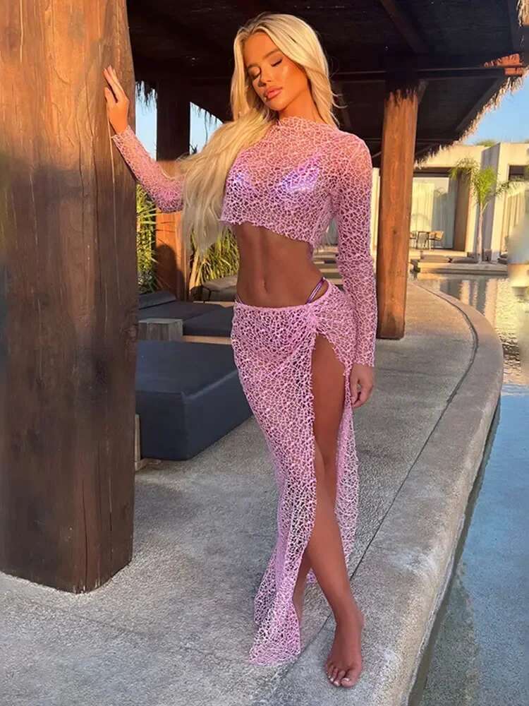 Sexy See-Through Dress Set Bikini Cover-Ups 2025 Summer Women Solid Color Knit Cut Out 2-Piece Beachwear Swimsuit Cover Up A2790