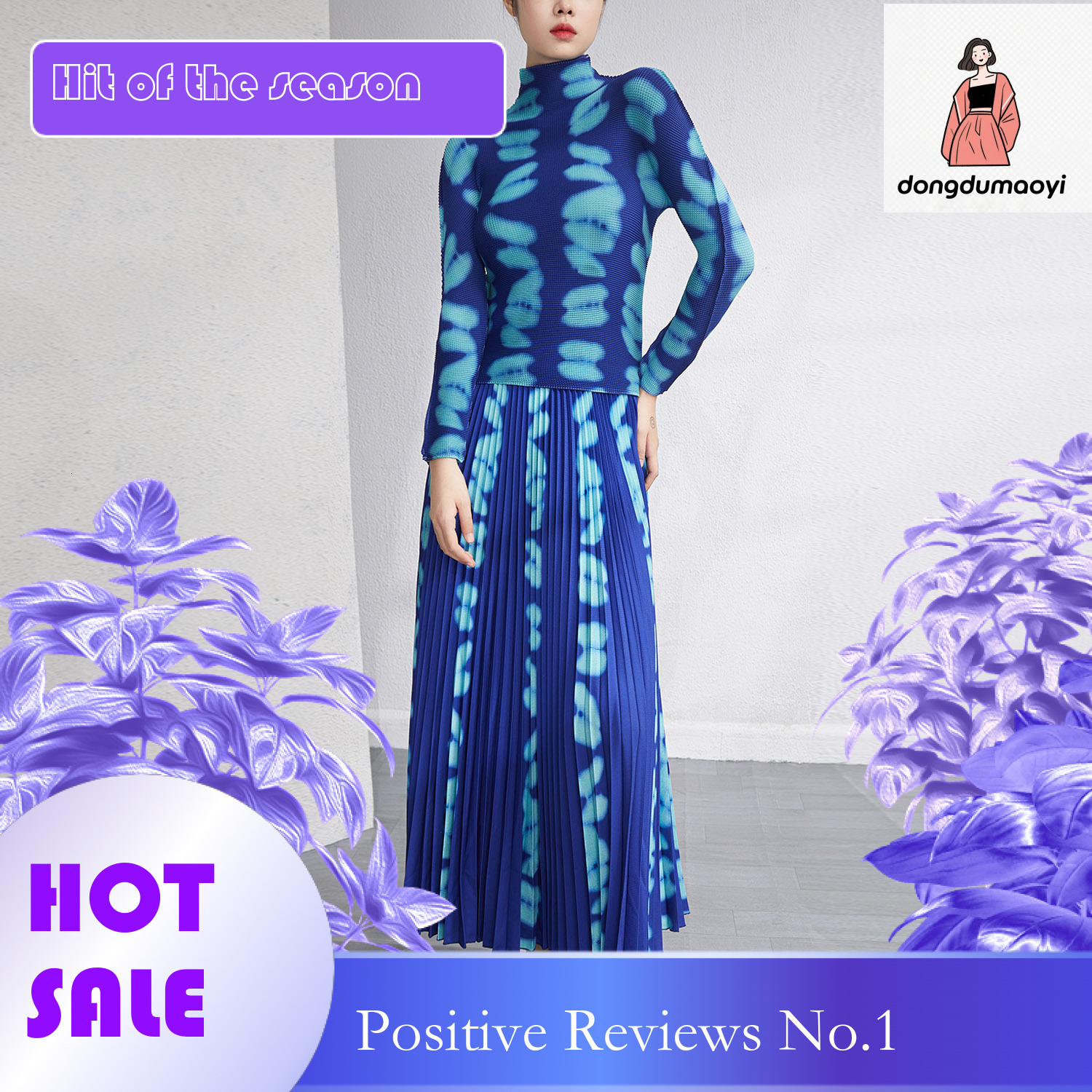 dongdumaoyi Half high collar printed base autumn outfit European small shirt two-piece slimming pleated skirt fashion set