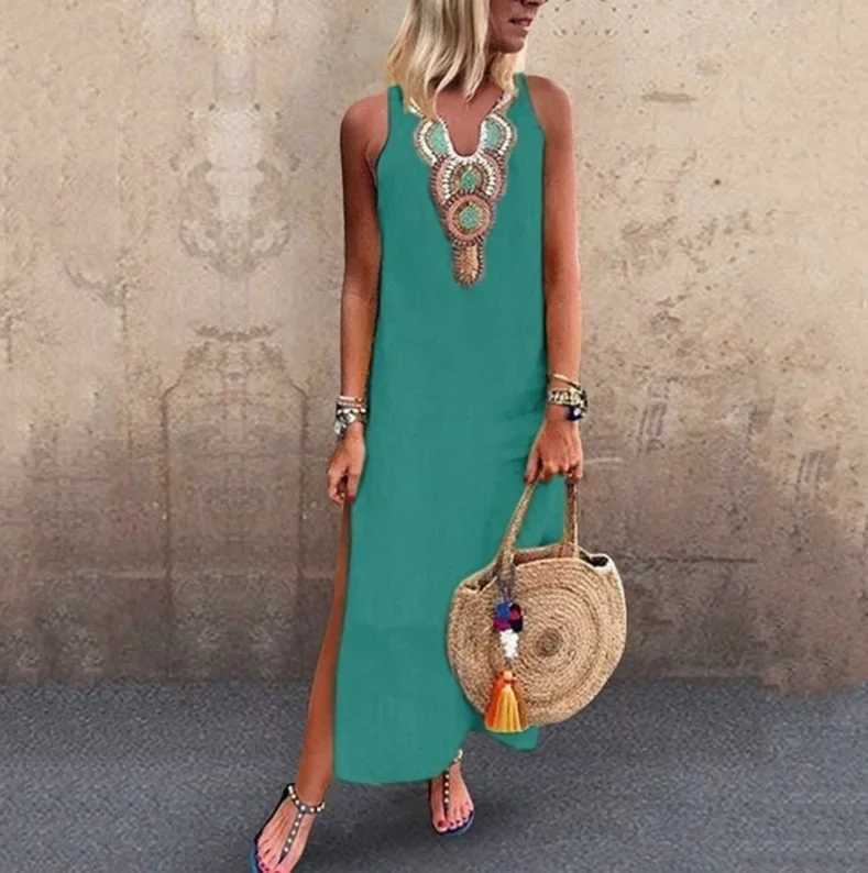 2025 Spring Fashion Womens Long White Dress V-neck Sleeveless Casual Dresses Female Trendy Loose Beach Bohemian Clothes LadiesXJ250514