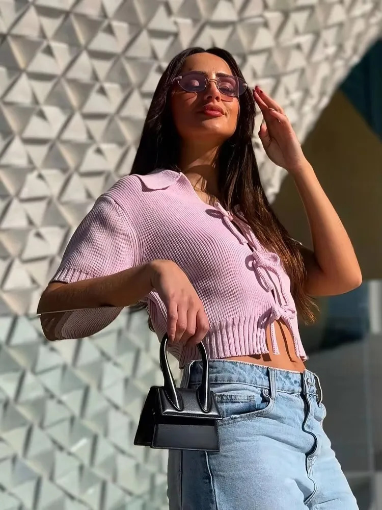 Chic Bow Knitted Short Texture Top Women Fashion Turn Down Collar Hollow Cardigan Knitwear Summer Shortsleeved Tops 250514