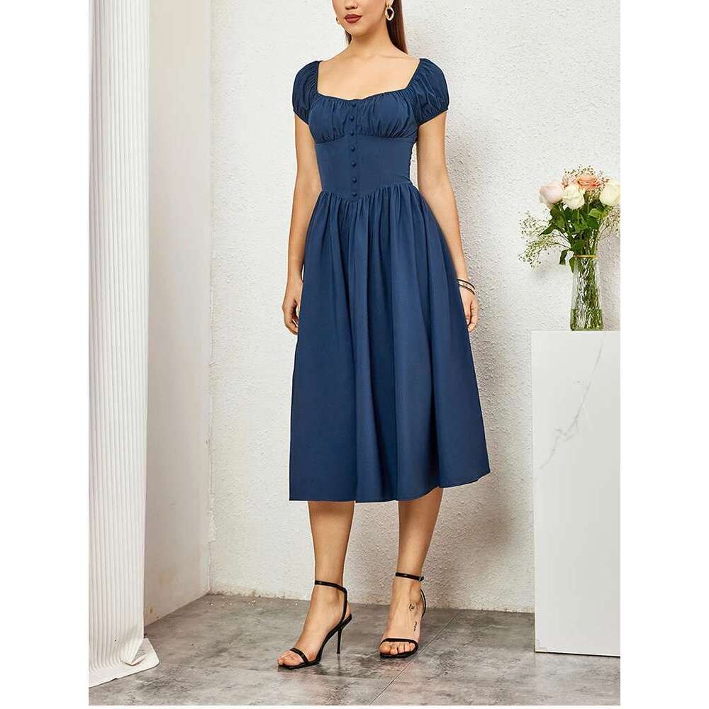NewAsia Women's Short Sleeves Square Neck Midi Corset Dress Flowy Swing A line Fashion Casual Long Dresses Navy Summer