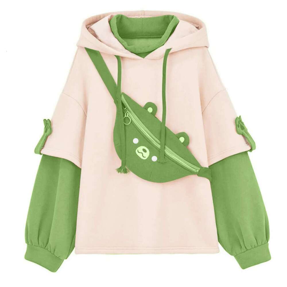 Kawaii Cute Oversize Hoodie With Bear Bag Womens Autumn Patchwork Sweatshirts Pullovers Japanese Streetwear Aesthetic Hoodies Designer