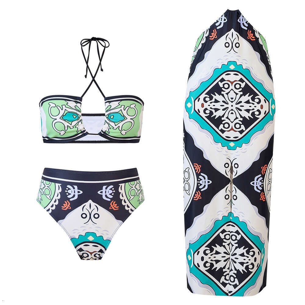 popular retro printed European and American French split women's vacation bikini swimsuit 2025 versatile new trendy clothing ins
