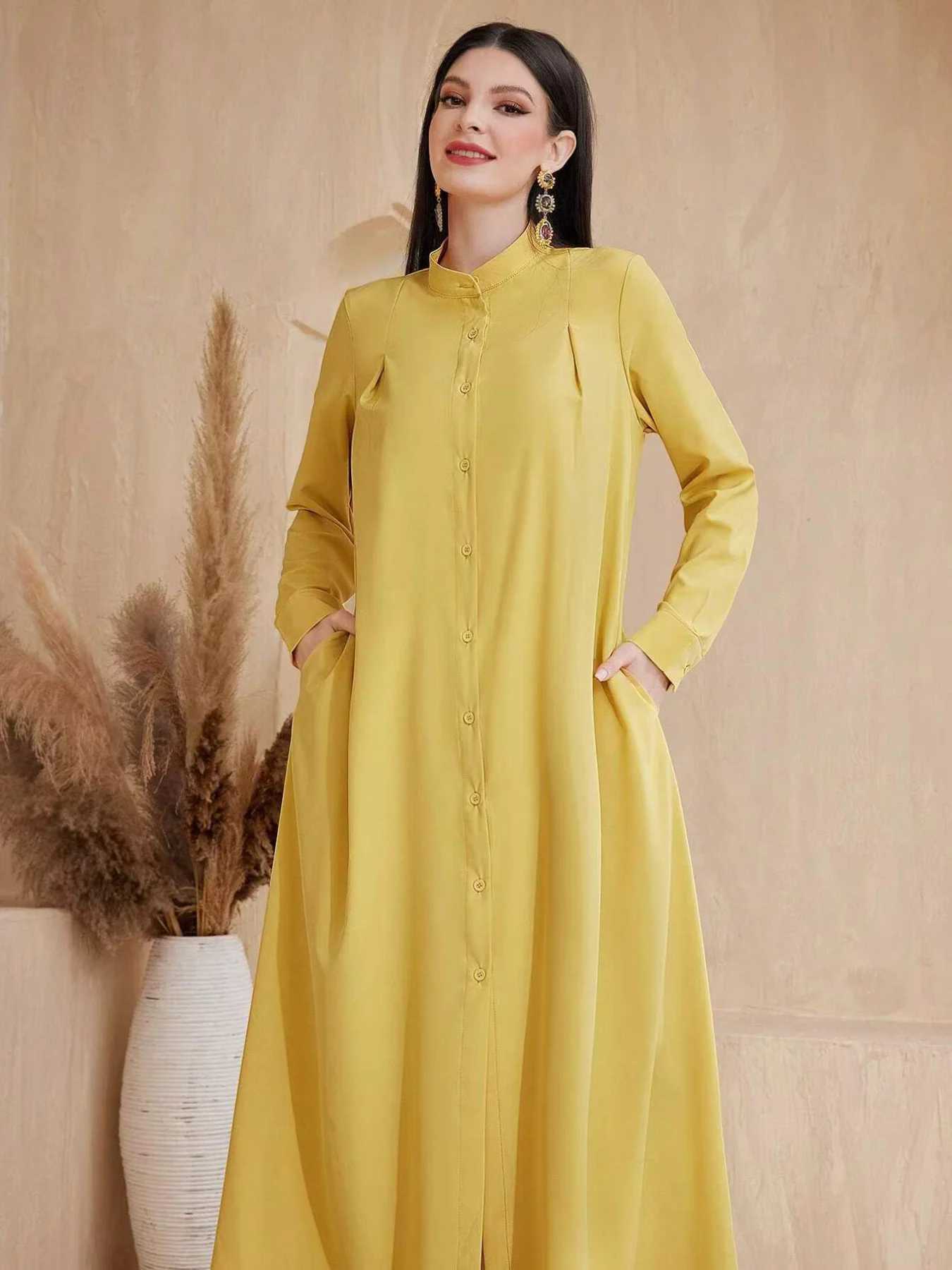 Spring Autumn Muslim Long Dresses Women Single-breasted Yellow Dress Abayas Clothing For Women Hijab Dress X250514