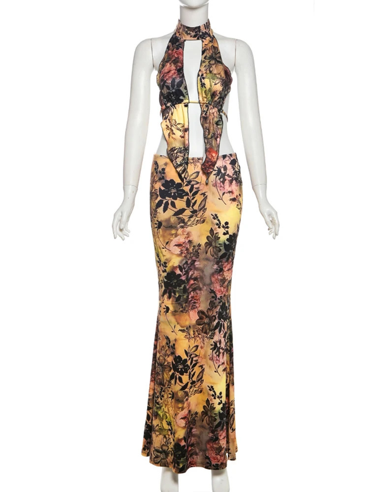 Nibber Sexy 2 Piece Set Women Foliage Print Summer Trend Halter Backless CamisoleBack Split Maxi Skirts Matching Clubwear 250514
