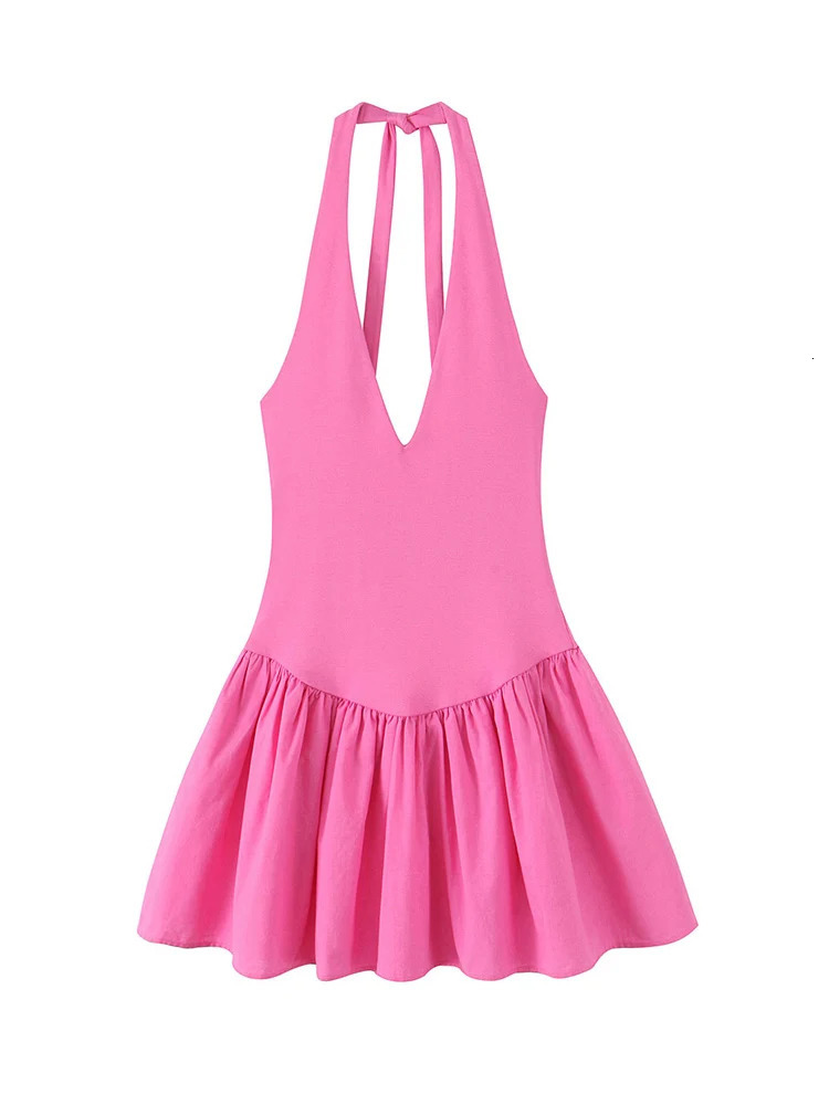 TFMLN Women Halter A Line Dress Simple Casual Tie up Backless Corset Party Mini Fashion Spliced Beach Club Streetwear 250514