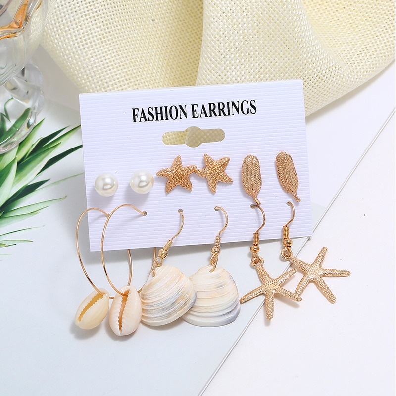 New earring accessories starfish large circle scallop star leaves pearl 6 pairs set earrings
