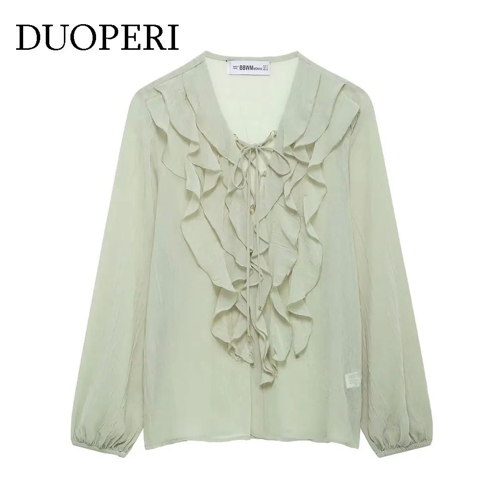 DUOPERI Womens Fashion Green Lace Hem Ruffled Pullover Blouse Vintage VNeck Long Sleeves Female Chic Lady Shirts 250514