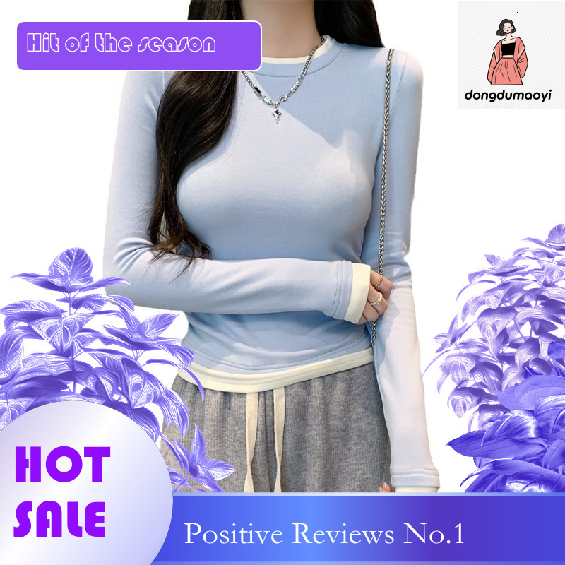 dongdumaoyi 2024 round neck fake two piece T-shirt long sleeved early autumn design sense niche pullover top with bottom layer for women's clothi