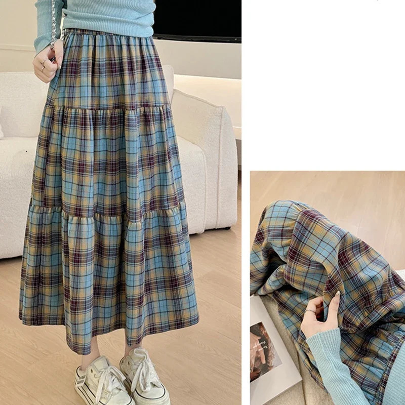 Japanese Vintage A Line Plaid Skirts Women Summer High Waist Patchwork Long Woman Midilength Umbrella Skirt Female 250514
