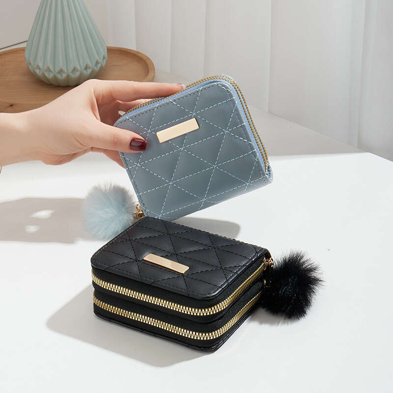 Small Hair Ball Bag New Double-Layer Wallet Dia Grid Texture Iron Label Women's Short Handheld Coin Purse