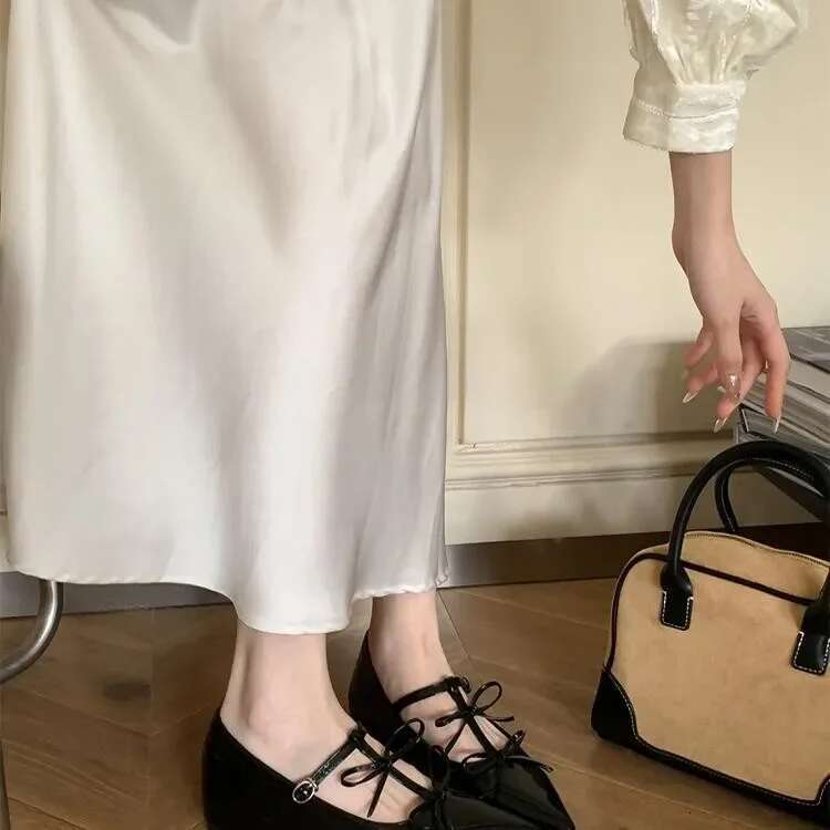 Pointed Toe Metal Buckle Bow T Strap Mary Jane Flats Elegant Banquet Dress Sexy Design Comfortable Women's Single Shoes