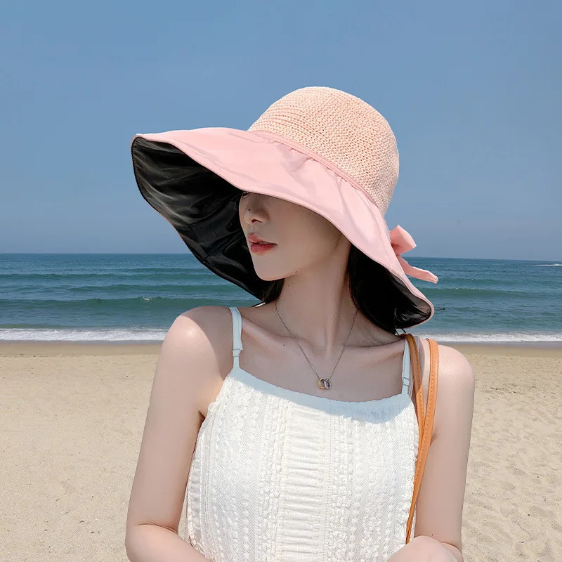 Summer Sun hat womens straw woven anti ultraviolet sun visor hat with big brim seaside black glue breathable Bucket hat sun hat 250514