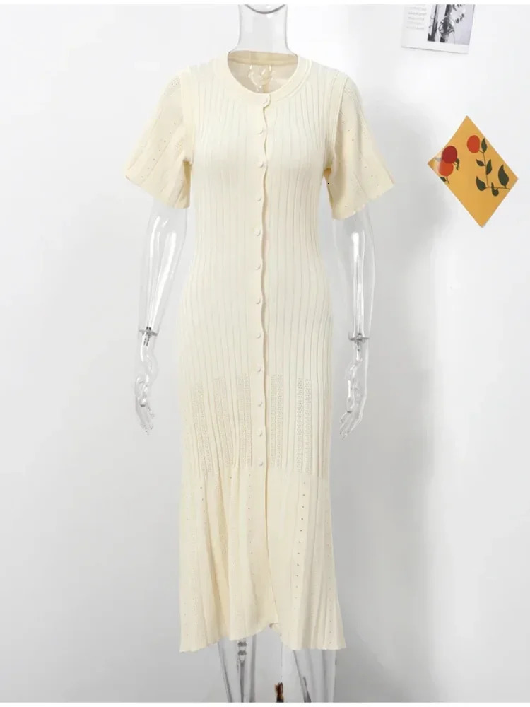 Elegant Knit Dress For Women White Slim O-neck Single Breasted Short Sleeve Long Dresses Female 2025 Spring Fashion Lady Robe 250514