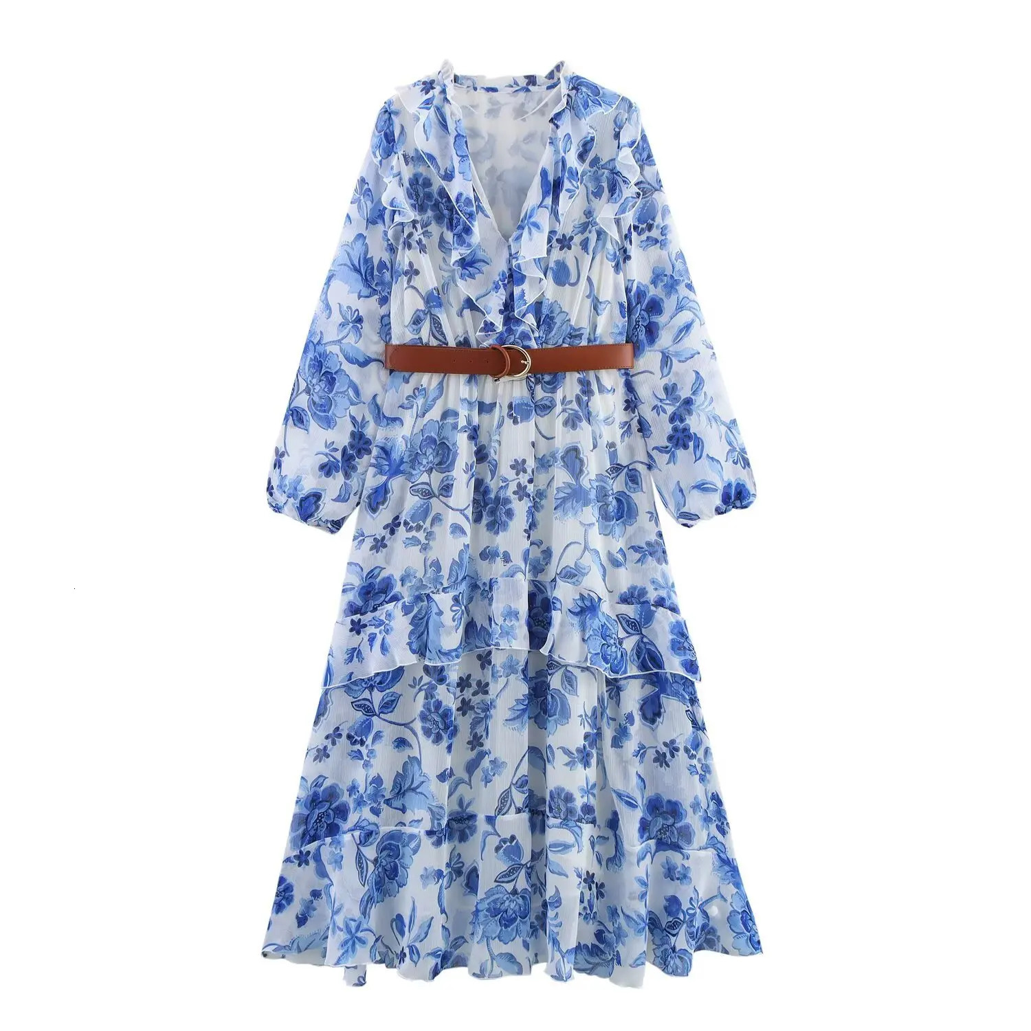 ZBZA Womens Printed Belt Dress with Ruffled Vneck Long Sleeves Aline Midi Skirt Spring and Summer Casual Chic 250514