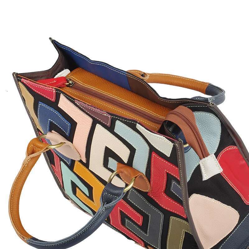 Genuine cowhide hand-ed with random contrasting colors, casual handheld crossbody bag for women