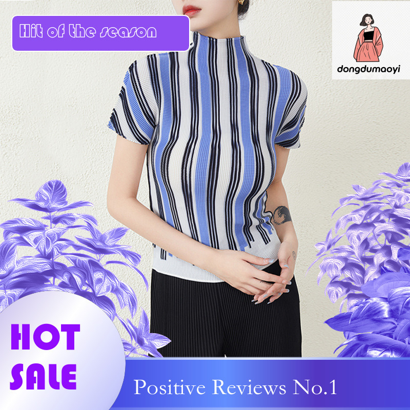 dongdumaoyi Wrinkled top women's 2024 summer new semi high neck slim fit and slimming chiffon versatile niche short sleeved T-shirt