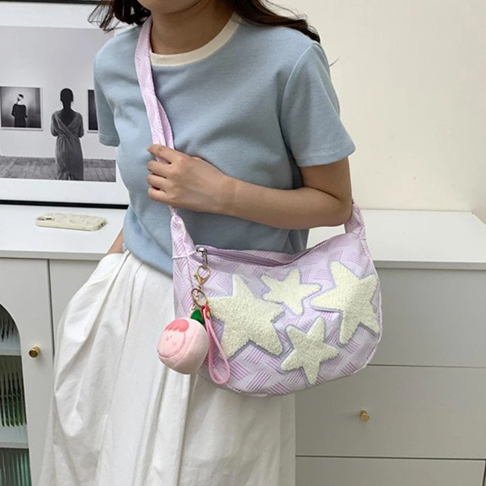 Women Kawaii Sling Bag Large Capacity Canvas Versatile Hobo Bags Star Applique Y2K Street Style School for Teens Students 250514