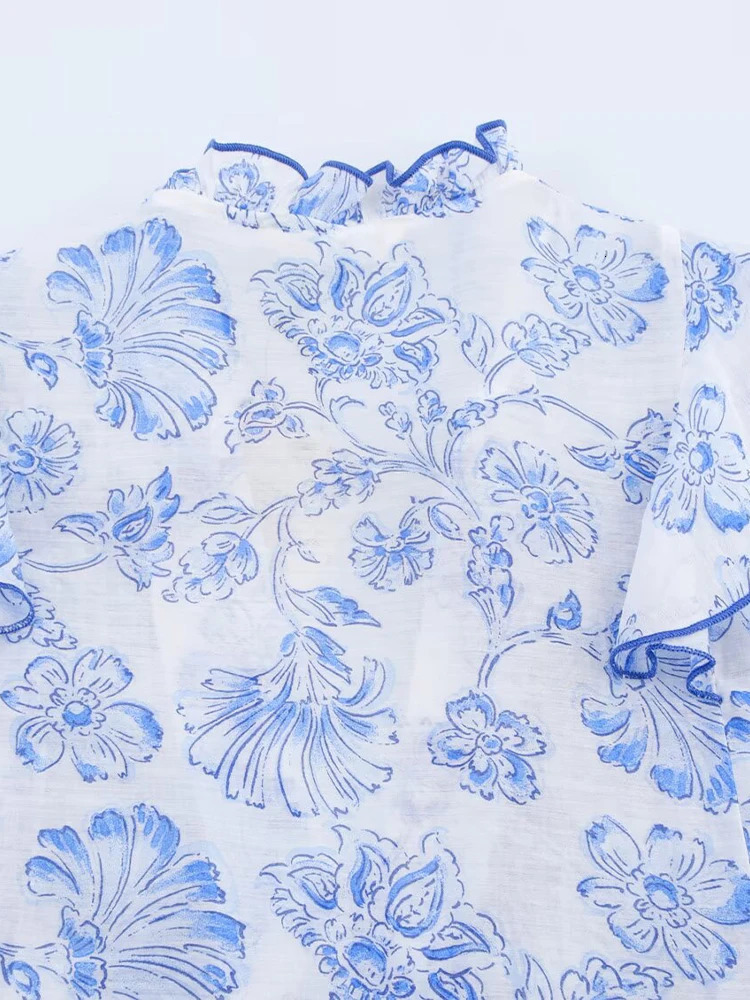 ZAJIA 2005 womens clothing European and American style French ruffles layered decorative print shirts 250514