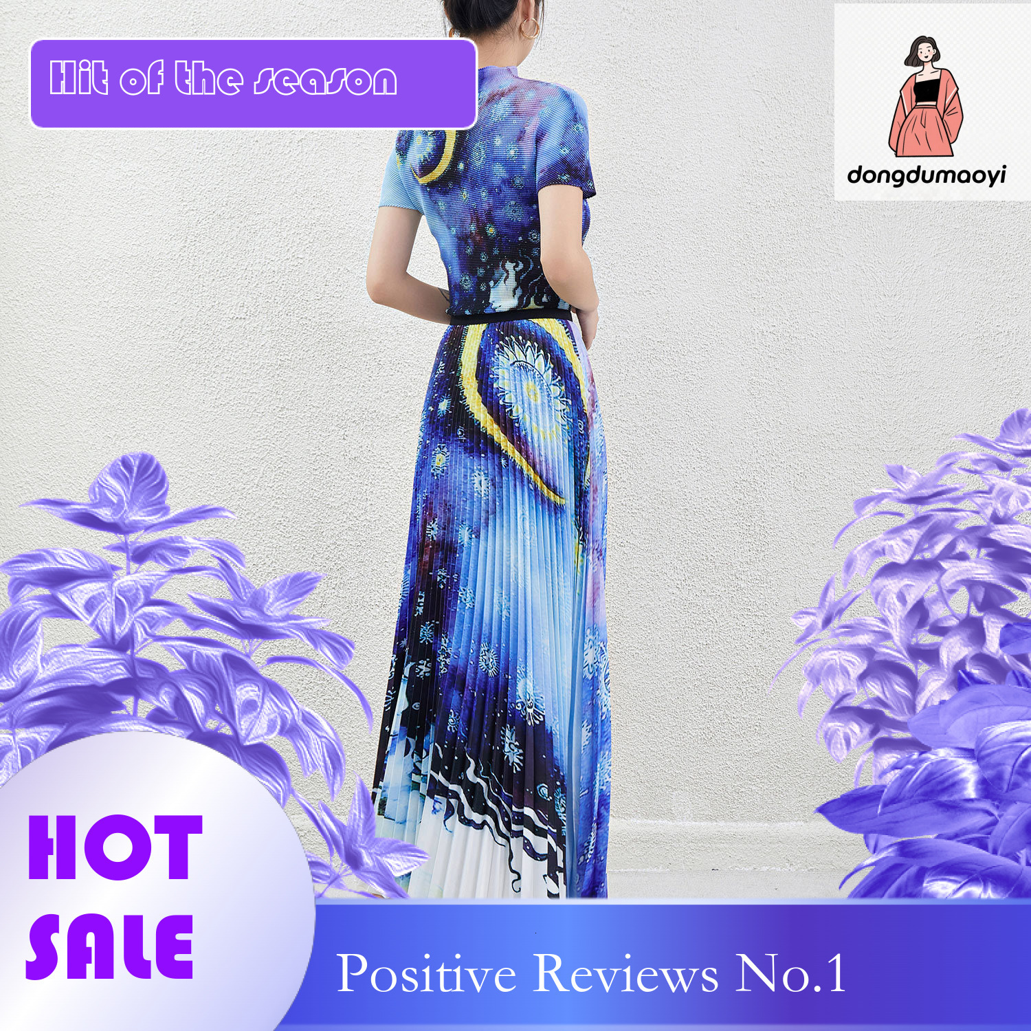 dongdumaoyi Fashion suit women's summer new style Miyake printed short sleeved T-shirt slimming pleated skirt two-piece set