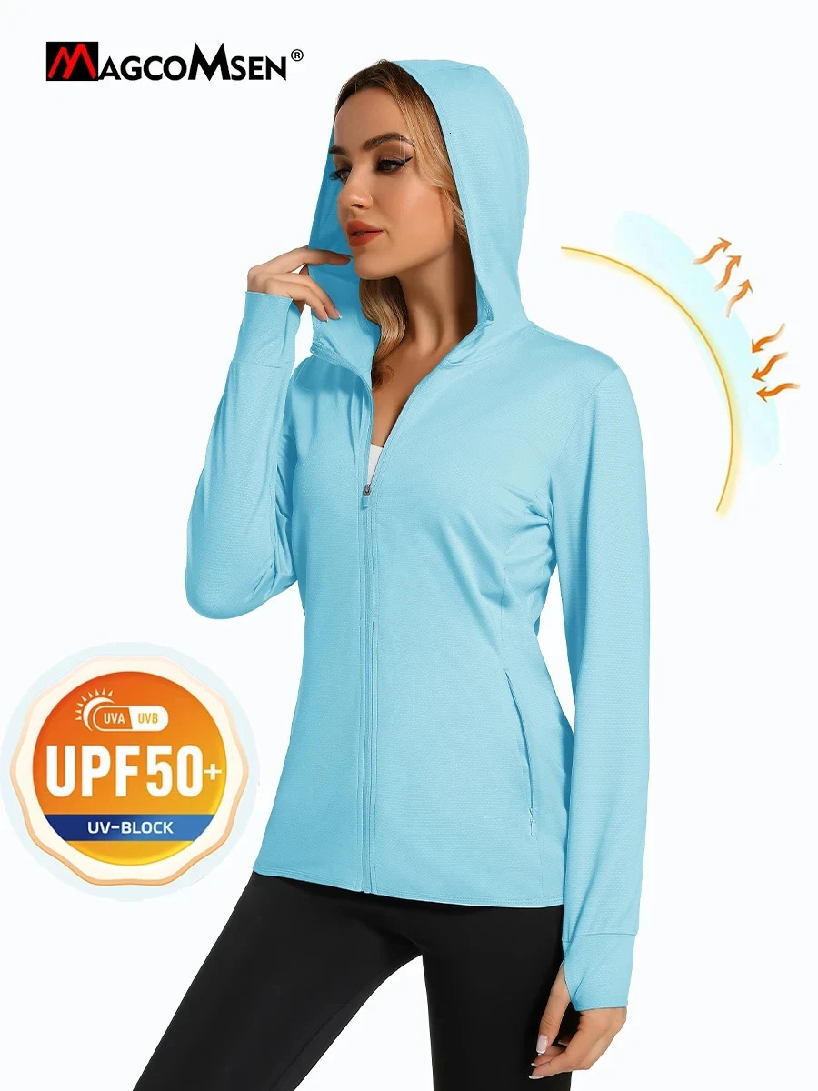 MAGCOMSEN Spring Lightweight Jackets Womens UPF 50 Sun Protection Hooded Zip Shirts Running Athletic Tops Thumb Holes Hiking 250513