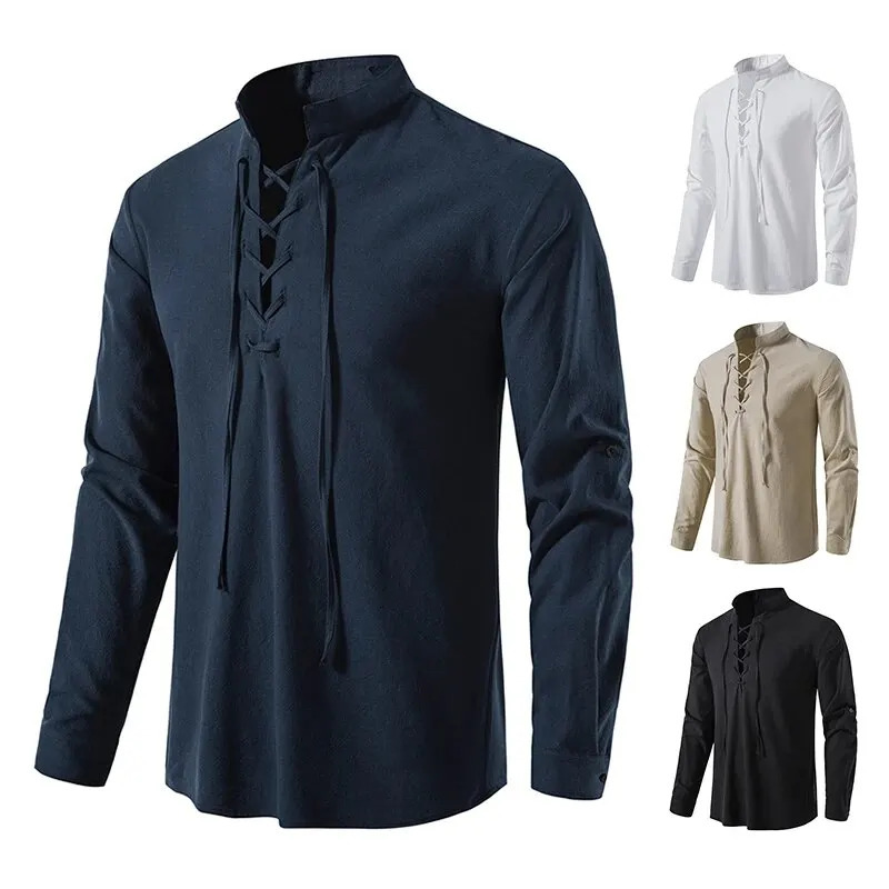 King Billion Mens Shirts Casual Men Cotton Linen Long Sleeve Tshirt Spring Autumn Vintage Shirt US Size Drawstring Neck 250514