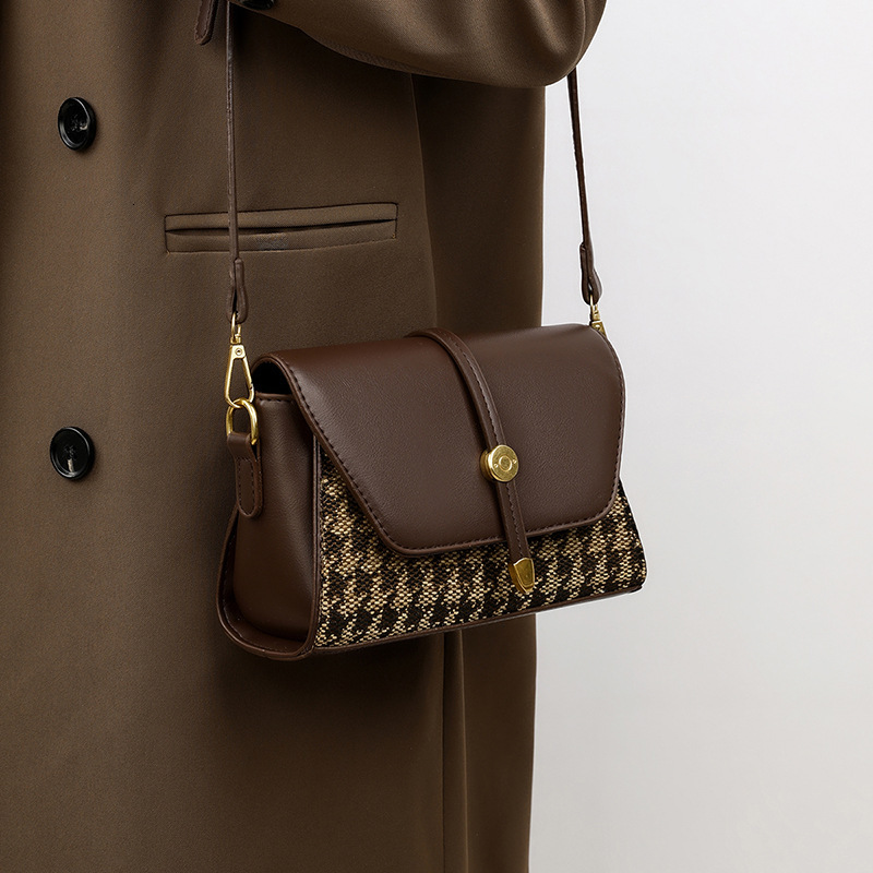 2025 New Bag 2025 Spring New Women's Canvas Splicing Leather Designer Small Square High Quality Thousand Bird Grid Underarm Single Shoulder Cross