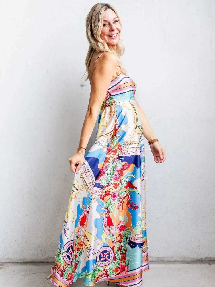 2025 Summer Fashion New Womens Elegant Dress Printed High Waist Vacation Style Big Swing Vacation A-line Long DressXJ250514