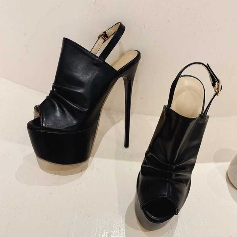 Likes Summer Cozy Pleated Leather Womens Super High Heels Platform Sandals Sexy Peep Toe Party Nightclub Stripper Shoes Black W250514