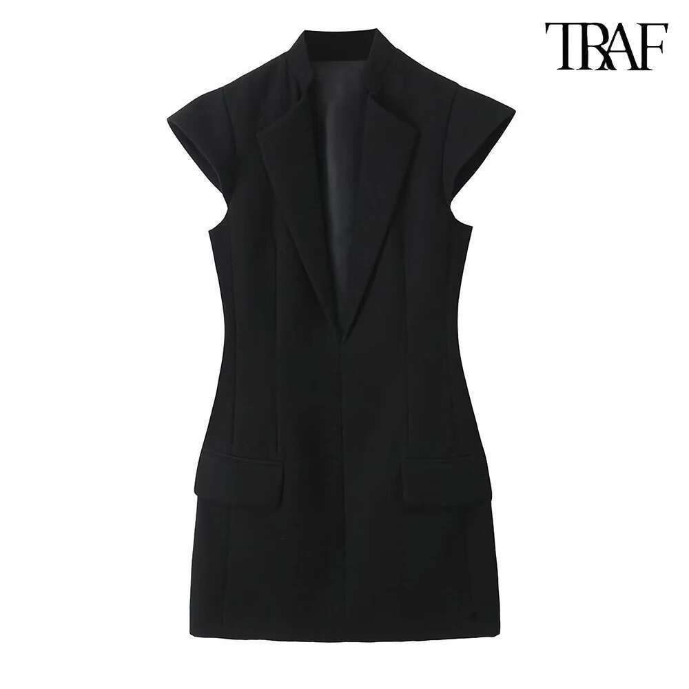 TRAF New Women's Solid Colour with Padded Sexy Mini Deep V Neck Slope Shoulder Dress 2025 Vintage Slim Dresses
