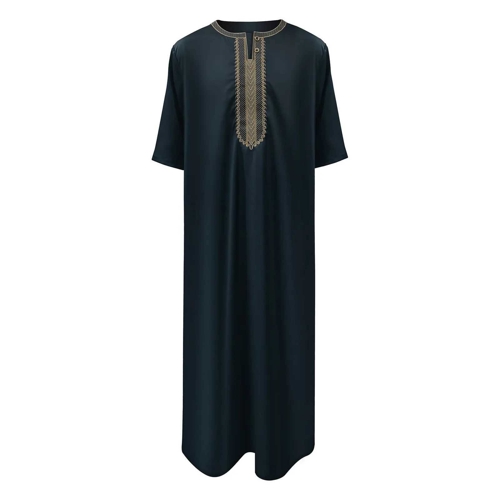 New Islamic Muslim MenS Solid Color Short Sleeve Classic Embroidery Robe Dubai Arabic Ethnic Style MenS Casual Formal Robe X250514