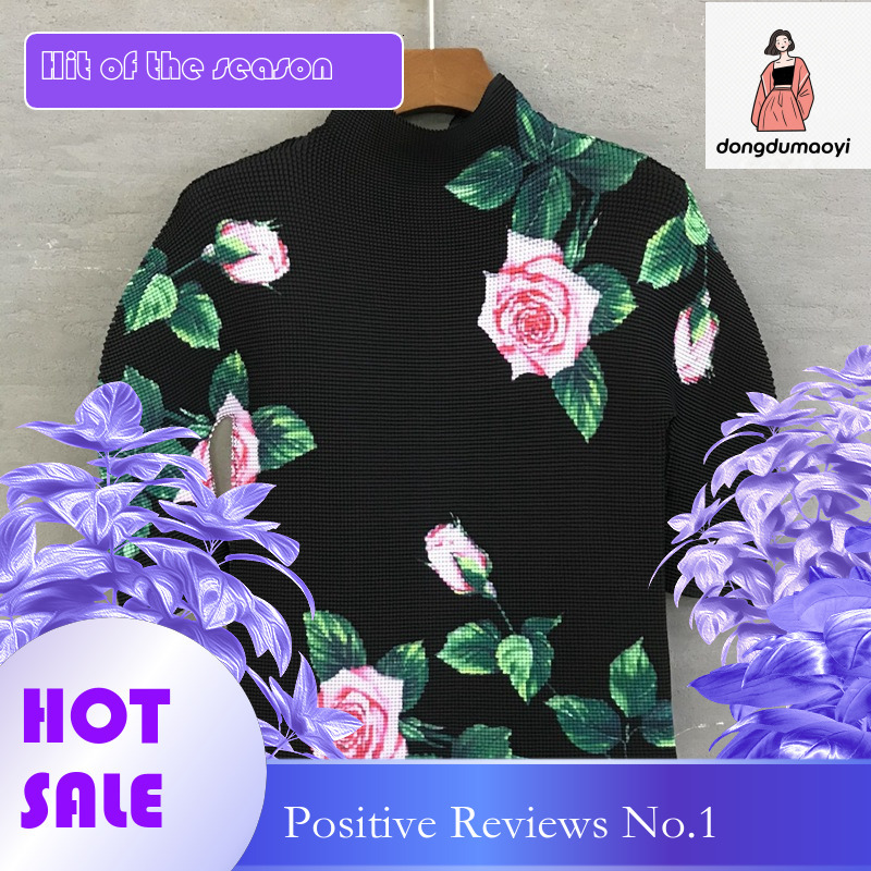dongdumaoyi Miyake elasticity base shirt spring and summer, interior high neck versatile fashion printed long sleeved pleated top for women