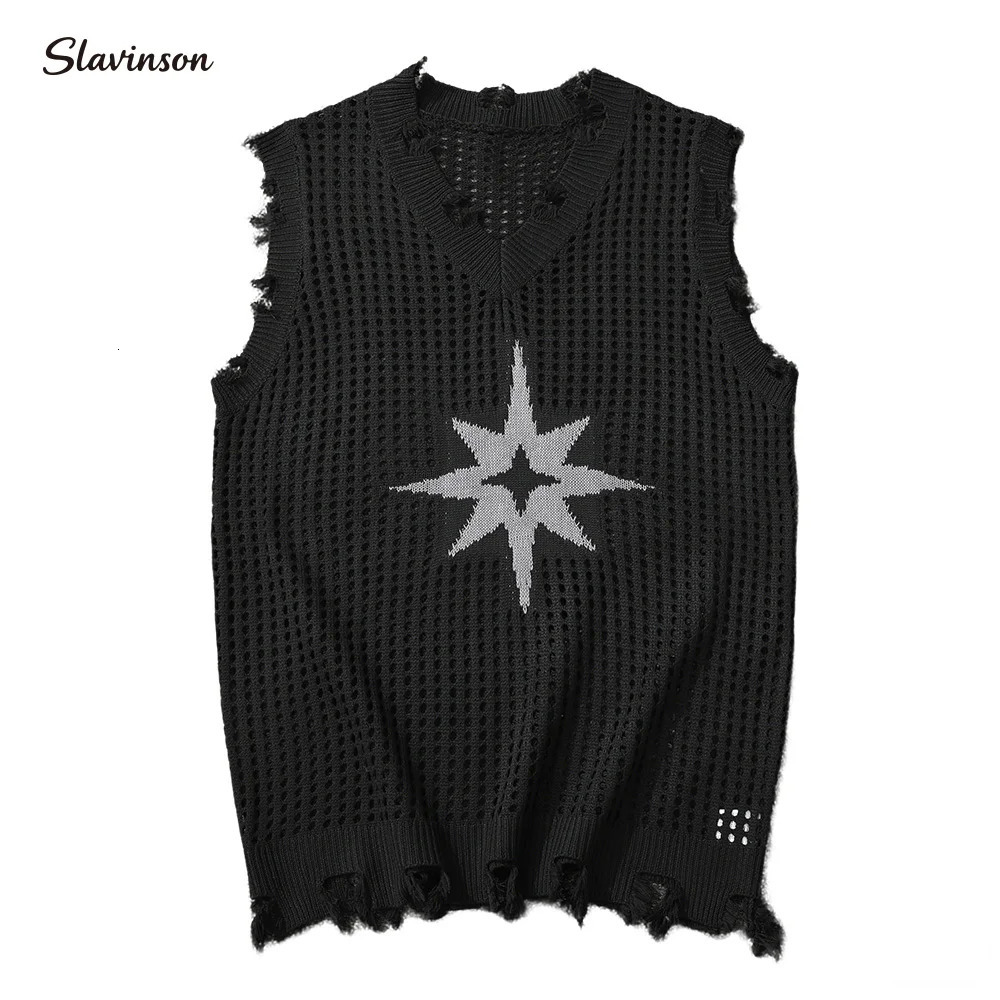 Slavinson Mens Knitted Tank Top Summer Solid Color Star Pattern Mesh Casual Sleeveless Breathable Wool Soft US Size 250506