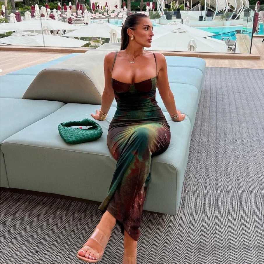 Summer Maxi Dresses Ladies Elegant Spaghetti Strap Slim Dress Vintage Tie Dye Print Women Casual DressesXJ250514