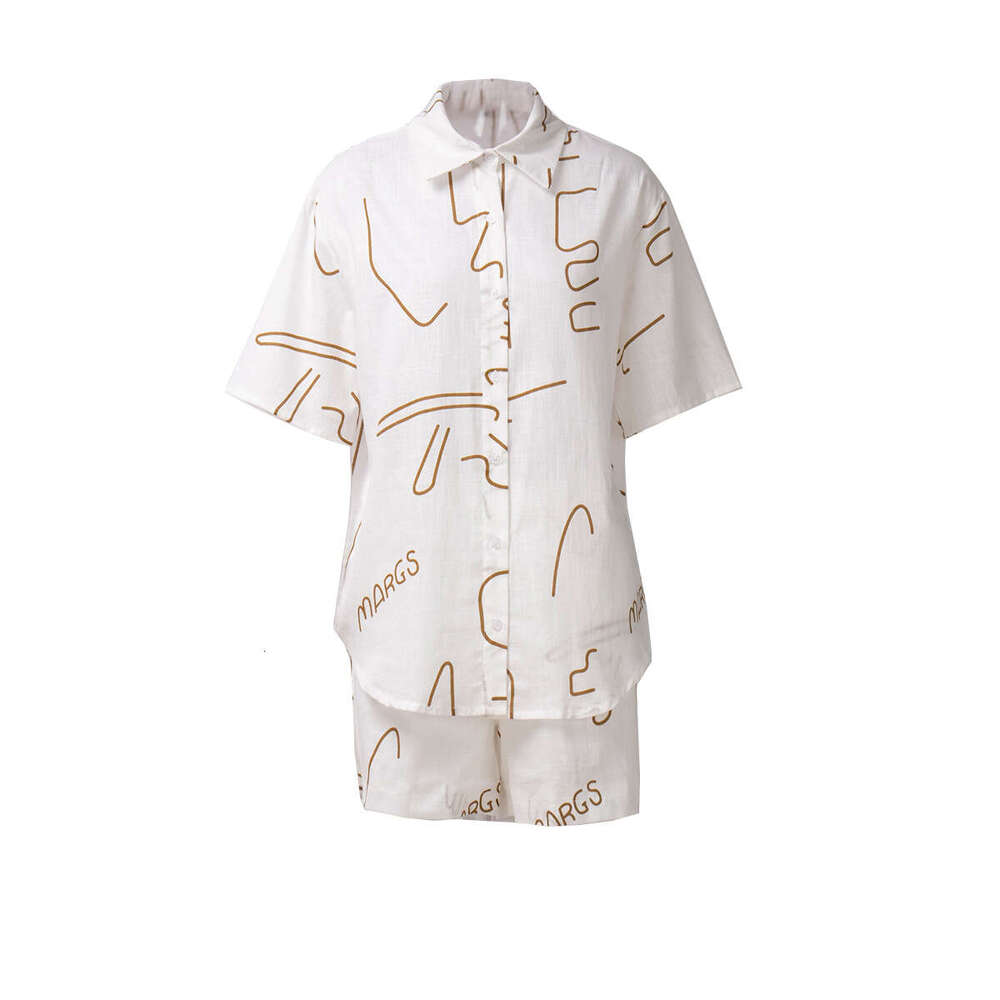 Women's Wear Short Sleeved Shirt And Shorts For Women In Summer , Casual Letter Abstract Line Printed Two-Piece Set